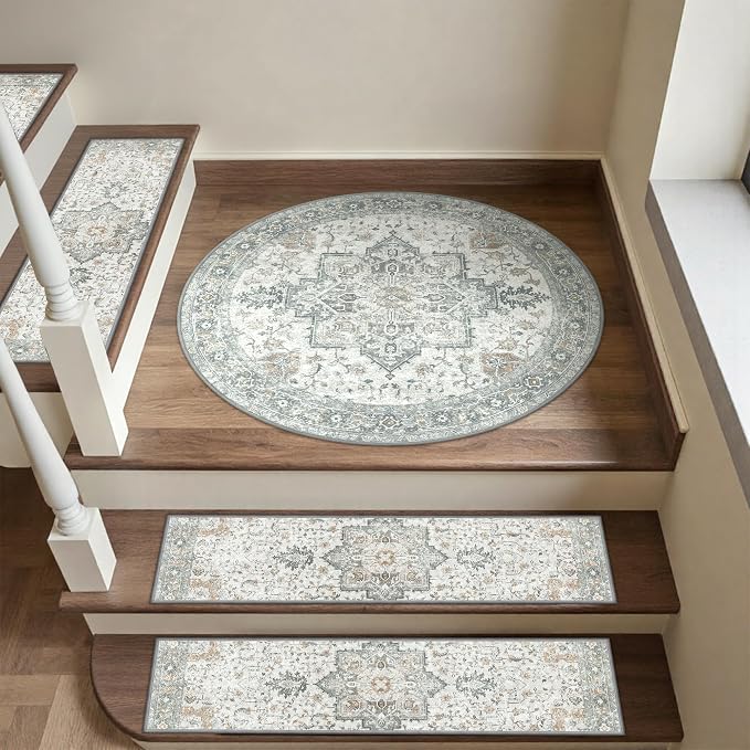 SARBEN 30" Round Non Slip Stair Treads for Wooden Steps 1 Pack, Taupe | Peel and Stick Carpet Stair Runner with TPE Adhesive Backing, Carpet for Added Safety, Pet and Senior Friendly