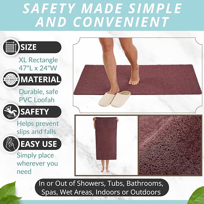 Soft Shower Mat Non Slip - PVC Loofah Inside or Outside Showers, Bathtubs, Bathrooms, and Wet Areas - Safe for Textured Tiled and Smooth Floor - No Suction Cups Secure Anti Slip (Brown 24 x 47)