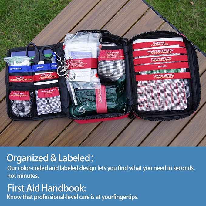 Besst Survivor Premium First Aid Kit with Labelled Compartments, Waterproof & Organized Molle Medical Kit for Home, Car, Hiking, Camping, Travel & Roadside Emergencies and Everyday Safety