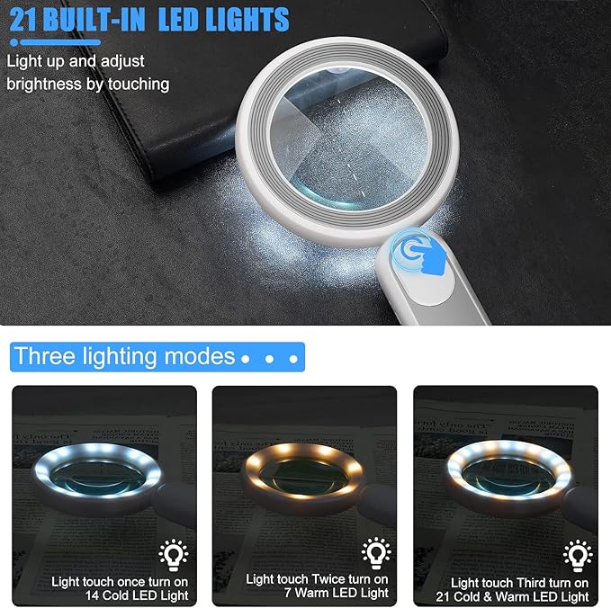Rechargeable Magnifying Glass with Light, 30X 4.7IN Handheld Large Lightweight Lighted Magnify Len 21 LED 3 Modes Illuminated Book Magnifier for Senior,Reading,Inspection,Coin,JewelryChristmasGift