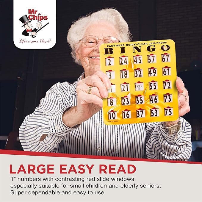 MR CHIPS Jam-Proof Easy-Read Quick-Clear Large Print Fingertip Slide Bingo Cards with Sliding Windows 25 Pack in Gold Rush Style