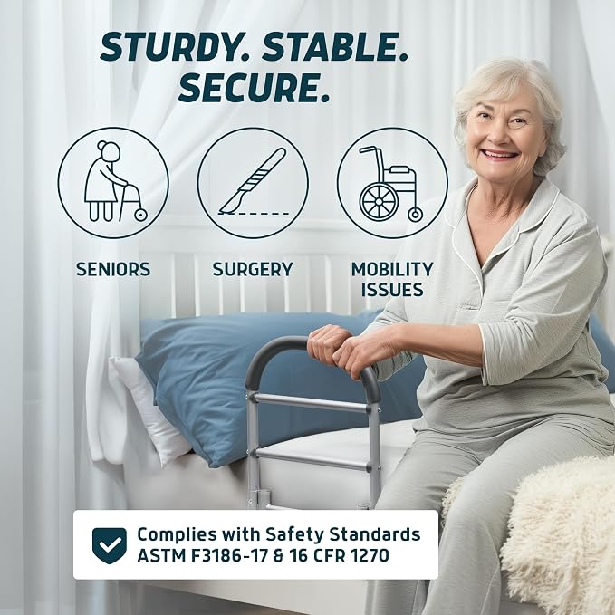 Lunderg Bed Assist Rail for Seniors with Non-Slip Grab Bar | Easy to Install Bed Rails for Elderly Adults Safety & Post-Surgery - Helps Reduce Falls & Support Independence