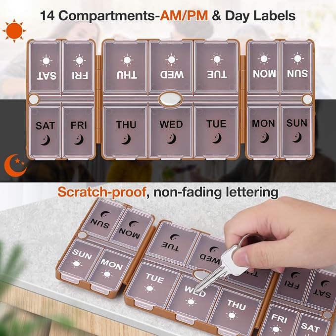 FYY Weekly Pill Organizer 2 Times a Day, Magnetic Travel Pill Box AM PM with Easy Open – 7-Day Daily Pill Case Medicine Organizer for Vitamins,Supplements - Brown