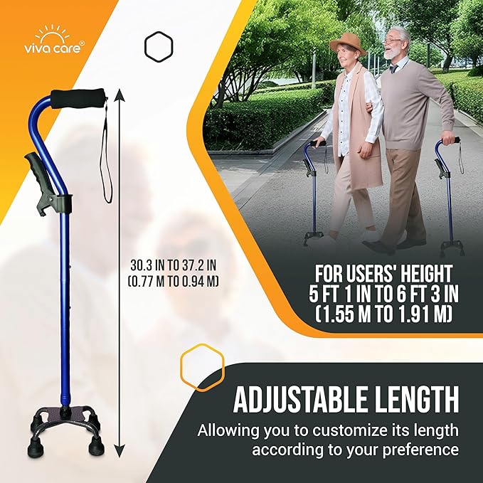 VIVA CARE Walking Cane with 4 Prongs and Extra Side Handle – Adjustable, for Balance & Stability for Adults, Seniors, and Injured.