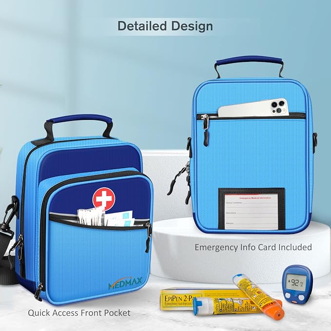 MEDMAX Insulin Cooler EpiPen Carrying Case Insulated, Travel Medication Diabetes Supplies Organizer Bag with Shoulder Strap for Asthma Inhaler, Auvi-Q, Allergy Medicine Essentials (Blue)