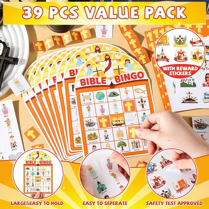 39 Pcs Bible Theme Bingo Game for Adults 24 Players Christian Party Bingo Game Cards with Reward Stickers for Family Friends Large Group Gathering Christian Sunday School Church Open Day Favors