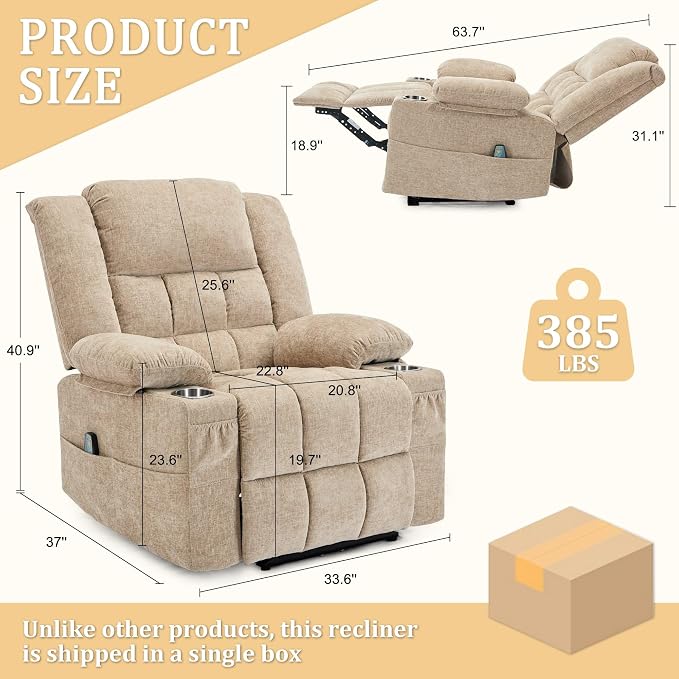 Korser Recliner Chair for Adults, Wall Hugger RV Recliner with Massage and Heating, Zero-Gravity Recliners, Electric Power Recliner Chair for Living Room, Bedroom, Home, Theater Seating (Khaki)