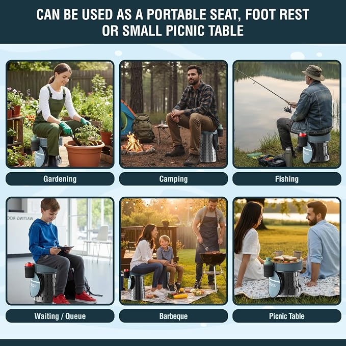 XXL Round Collapsible Stool, 3-in-1 Cushion + Bag, 1000 lb Max Cap. | Heavy-Duty Big & Tall Stool, Telescoping 2.7-19.7in, 3-in-1 Cushion Bag + Drink Holder; Travel, Sports, Camping