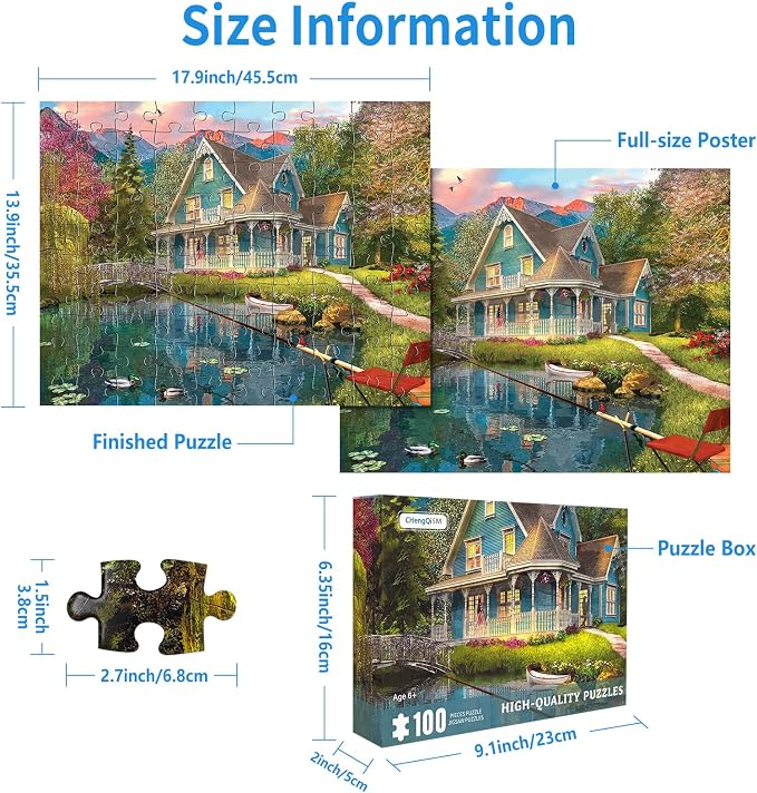 100 Piece Puzzles for Kids Summer House 100 Piece Puzzles for Adults, Mountain Villa Landscape 100 Pieces Puzzle for Kids Ages 4-8, Mountain Cottage Oil Painting Puzzle for Seniors Teens