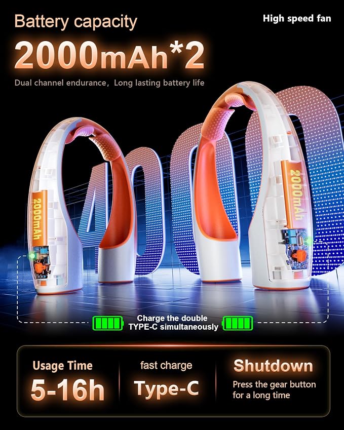Rohent Personal Neck Fan for Outdoor: Powerful High Speed Personal Fan 360° Cooling - 4000mAh Battery Operated Rechargeable Neck Fan for Travel Camping - Orange | 360° Cooling 4000mAh Battery Operated Rechargeable Neck Fan for Travel Camping