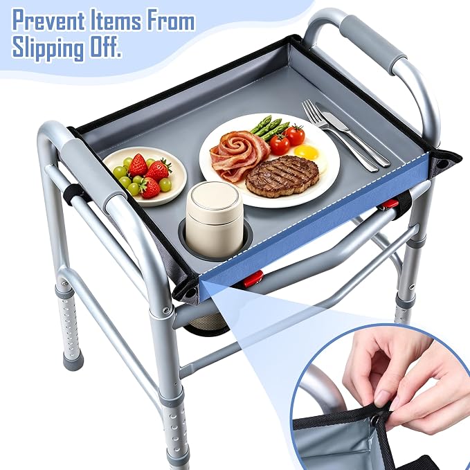 Walker Tray with Cup Holder – Universal Hard Top Walker Accessory for Seniors | Adjustable Side Panels, Waterproof & Easy to Install, With Cup Holder Keeps Drinks Stable, Universal Fit, No Tools Required