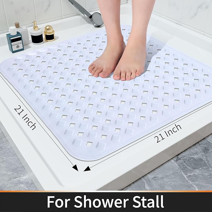 Yimobra Square Shower Mat Non Slip, Super Strong Suction Cups, 21"x21" Bath Tub Mat with Drain Holes, Machine Washable Fast Draining Bath Mats, Bathroom Essentials,White