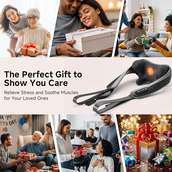 6D Neck Massager for Pain Relief Deep Tissue, Kneading Shiatsu Neck and Shoulder Massager with Heat,Cordless Massager for Back and Shoulder Pain, Gifts for Women Men Home Office Christmas