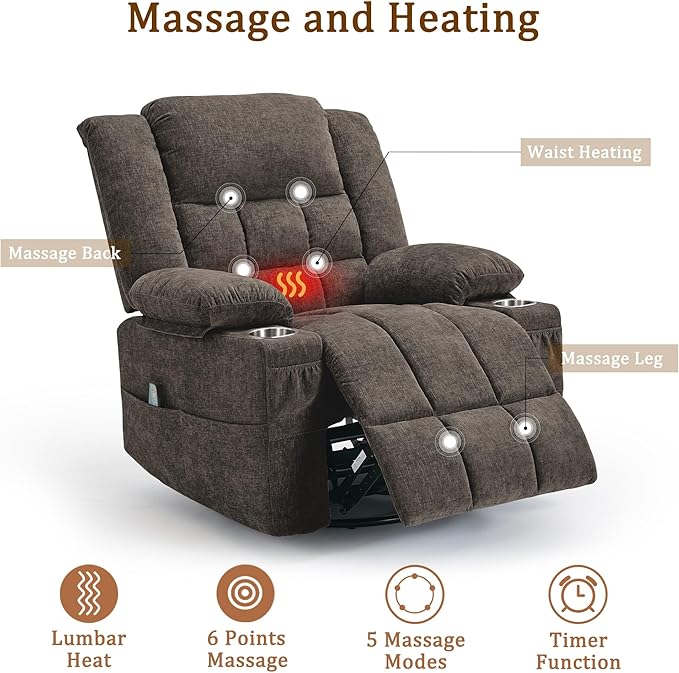 Korser Swivel Rocker Recliner, Nursery Glider Recliners for Adults with Massage & Heat, Rocking Chair with Cup Holder, Manual Recliner Chairs for Living Room, Bedroom (Brown)