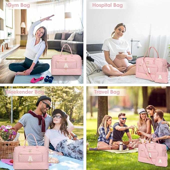 Initial Travel Duffle Bag for Women - Pink Personalized Weekender Bags Overnight Bag with Shoe Compartment & Wet Pocket Weekend Tote Bags with Toiletry Bag Monogram Xmas Gifts (Letter A)