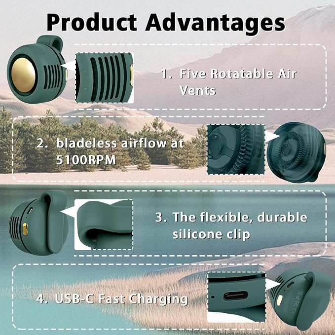 Portable Clip-On Fan, Mini USB Rechargeable 360° Rotatable Fan, Personal Fan 3-Speed Silent Mini Bladeless Fans