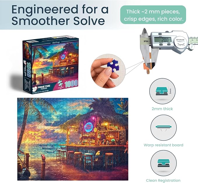 Adult Jigsaw Puzzle Beach Bar at Sunset 1000 | Island Escape. Challenging 1000-piece design. Great for game nights on a table, puzzleboard, or floor.