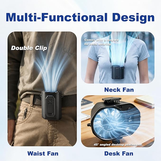 Waist Fan with Clip on: Portable 4-Speed Enlarged Fan-blades Personal Belt Fan with LED Light 6-11H of Working Time Hands-Free Neck Fan