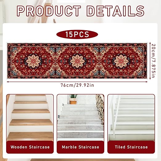 Persian Stair Runner Non Slip Washable 15 Pack Stair Treads 8x30 | 15PCS Persia Wooden Steps Stair Treads 8x30 Inch, Stain Resistant Oriental Washable Stair Carpet Rug Silicone Backing