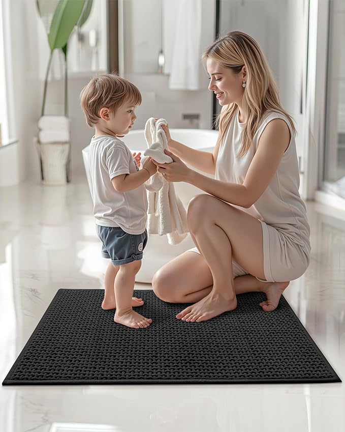 Color&Geometry Chenille Pile Large Bathroom Rugs Upgraded Denser, 24"x59" Non Slip Absorbent Black Bath Mats for Bathroom Thin Fit Under Door, Washable Quick Dry