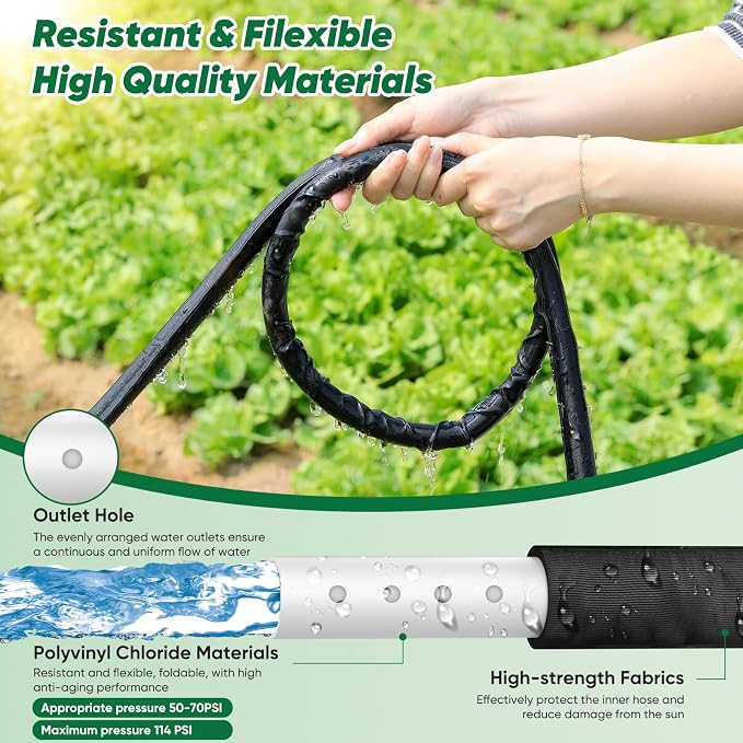 Garden Hose 50 ft, Leakproof Design Soaker Hose, Water Hose With Drip Irrigation System, 1/2 Linkable Consistent Drip Irrigation Hoses, Save 80% of Water for Garden, Farm, Orchard Plantation