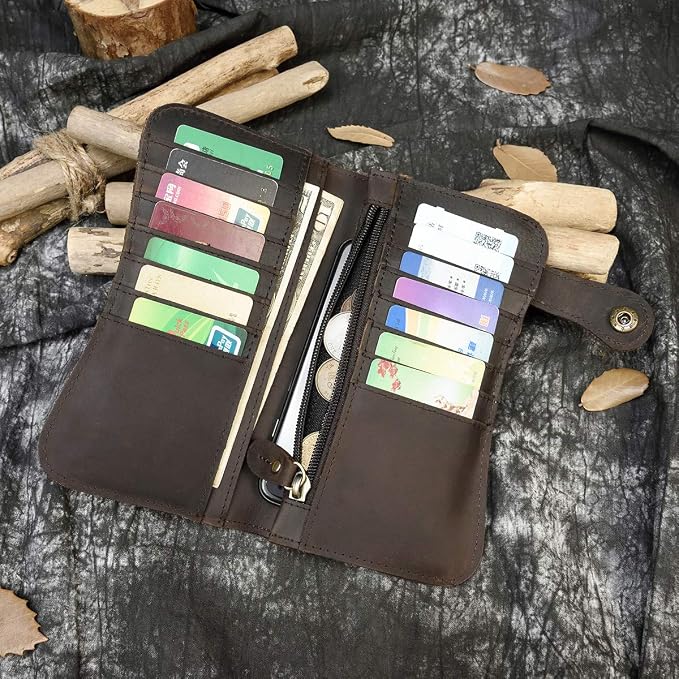 Genuine Leather Long Wallet for Men, Large Capacity Purse Clutch Bag Handbag Checkbook Cash Credit Cards Phone Holder | Large Capacity