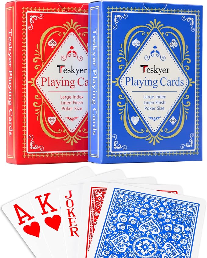 Teskyer 2 Deck Plastic Playing Cards, Large Index, Pattern B | Poker Size, Frosted Texture Back, Flexible Plastic Material, Smooth Shuffling, Seniors & Family Games