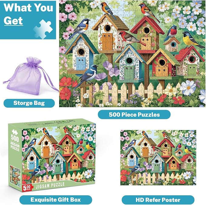 500 Piece Jigsaw Puzzle for Adults, Colorful Garden Birds & Birdhouses | Vibrant birds and blooming flowers for family game night, screen-free fun, wall decor, and gifts for adults and seniors