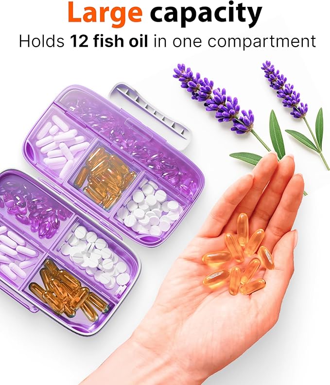 Travel Pill Organizer – Moisture-Proof Medicine Pill Organizer with Labels, 8 Compartment Pill Box Case for Vitamins & Supplements, Portable Pocket Pharmacy (Purple)