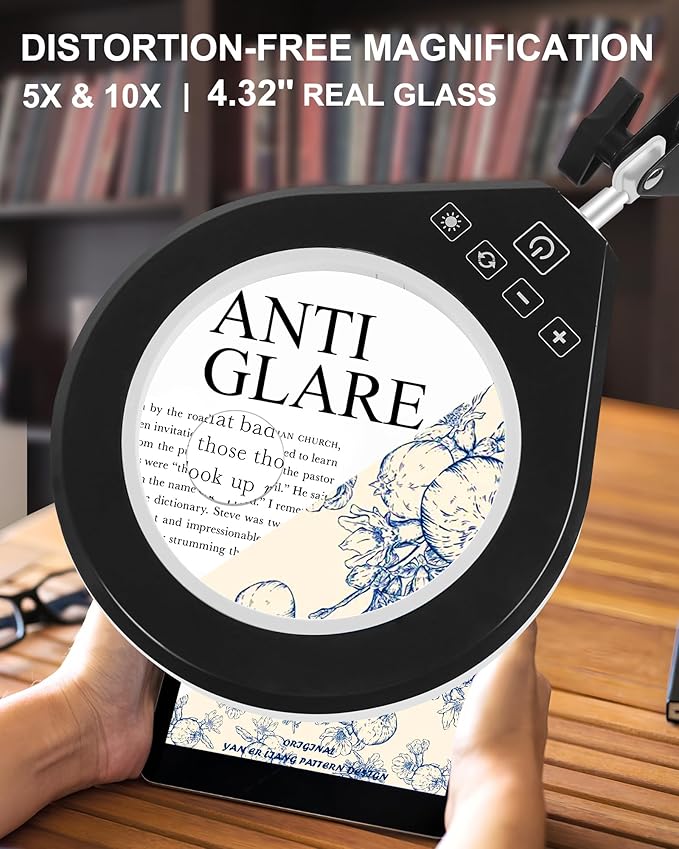 Lighted Magnifying Glass, 10X & 5X Magnifying Glass with Light, Dimmable Magnifier with Lamp, Adjustable 10 Level Brightness and 5 Color Desktop Clamp Magnifiers for Craft Painting Workbench (White)