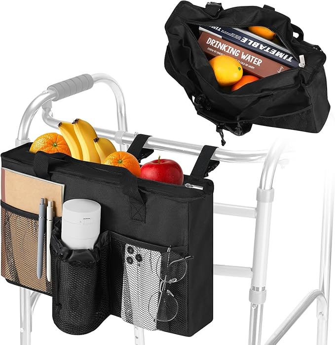 Rhino Valley Walker Bag, Large Capacity Walker Accessories Storage Bag with Multi Pockets & Cup Holder, Walker Basket with 4 pockets for Universal Walkers for Seniors, Black