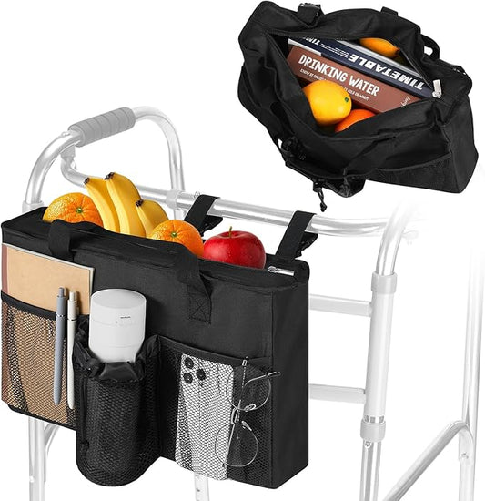 Rhino Valley Walker Bag, Large Capacity Walker Accessories Storage Bag with Multi Pockets & Cup Holder, Walker Basket with 4 pockets for Universal Walkers for Seniors, Black