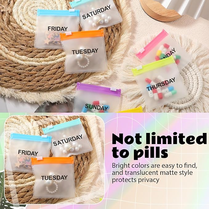 Sherr 35 Pcs Pill Pouch Bags with Zipper Pill Pouch Set Travel Reusable Translucent Medicine Organizer Self Sealing Plastic Bag with Slide Lock for Storage(Elegant Colors,3 x 3 Inch,Week Style)