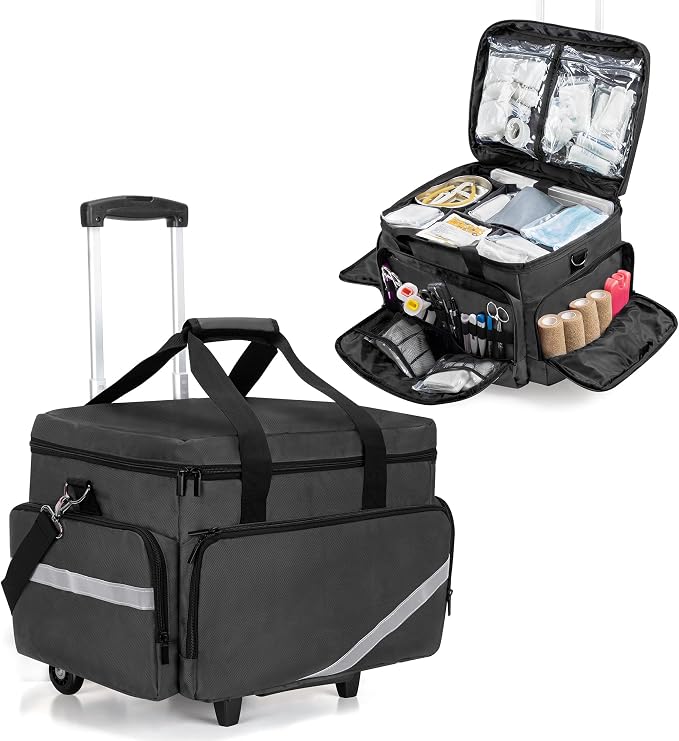 Trunab Rolling Medical Bag with Detachable Trolley, Nurse Responder Case | 15.6" laptop sleeve, Removable Dividers, Empty Bag for EMT/EMS/Doctors/Nurses