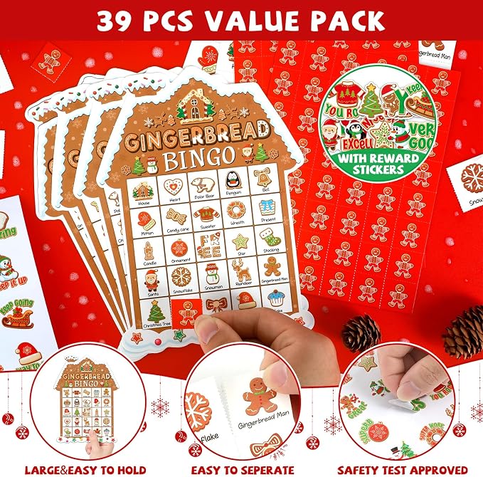 39Pcs Christmas Gingerbread Themed Bingo Game for Kids Adults 24 Players Christmas Baking Game Cards with Reward Stickers for Family Friends Students Large Group Activities Winter Holiday Party Favors