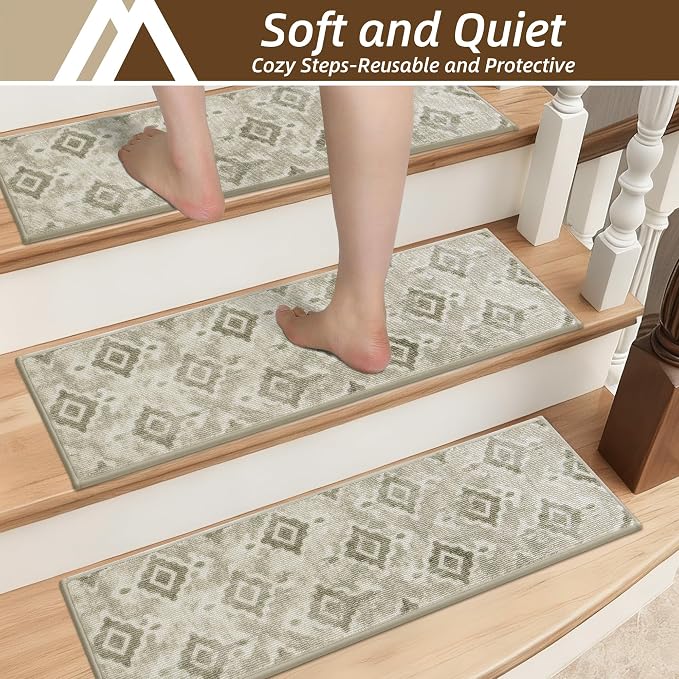 COSY HOMEER Stair Treads for Wooden Steps Indoor with TPE Backing,15Pcs | Non-Slip Carpet Stair Treads, Soft Peel and Stick Stair Runners,Pet-Friendly Stair Runner Washable Reusable,Meadow