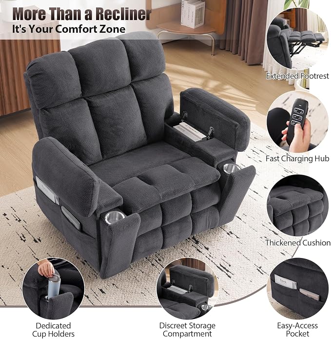 Power Lift Recliner Chair for Elderly, Dual Motor Oversized Recliner with Heat & Massage, Adjustable Headrest, Lay Flat Zero Gravity Recliner with Cup Holder, USB/Type-C Ports & Storage-Grey