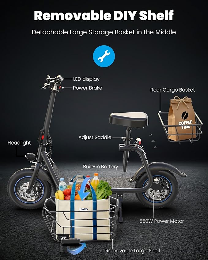 Gyroshoes Electric Scooter with Seat for Adults & Teens, 550W Powerful Motor, 20-Mile Range, Speed up to 18.6MPH, Ample Storage for Pets & Cargo, Electrically-Powered Motor Scooters