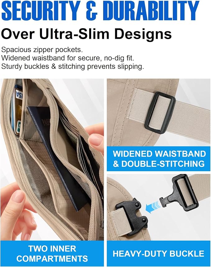 Money Belt for Travel, Passport Holder, RFID Blocking, Sweat-Proof, Beige | 3rd Gen Hidden Waist Wallet Anti Theft to Protect Cash, Credit Cards and Documents Under-Clothes for Men & Women, Bamneat