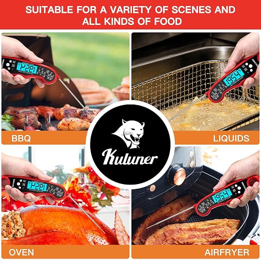 Instant Read Meat Thermometer, Digital Food Thermometer with 4.6" Folding Probe, IP67 Waterproof, Backlight & Calibration, 2-3s Fast Reading for Kitchen Grilling BBQ Cooking Candy - Red