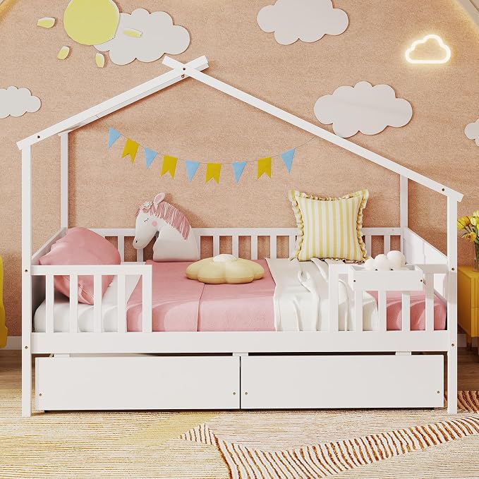 Giantex Full House Bed with Drawers, Wooden Full Size Bed Frame with Cube Storage & Fence Rails, Montessori Beds for Kids Boys Girls, Bedroom, Living Room, No Box Spring Needed, White