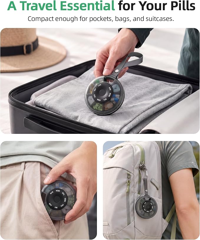 PULIV Portable Weekly Pill Organizer, Magnetic Rotary Design for Easy Use, Small Pill Case with Carry Handle, BPA-Free Travel Pill Box 7 Day for Medications, Vitamins & Supplements