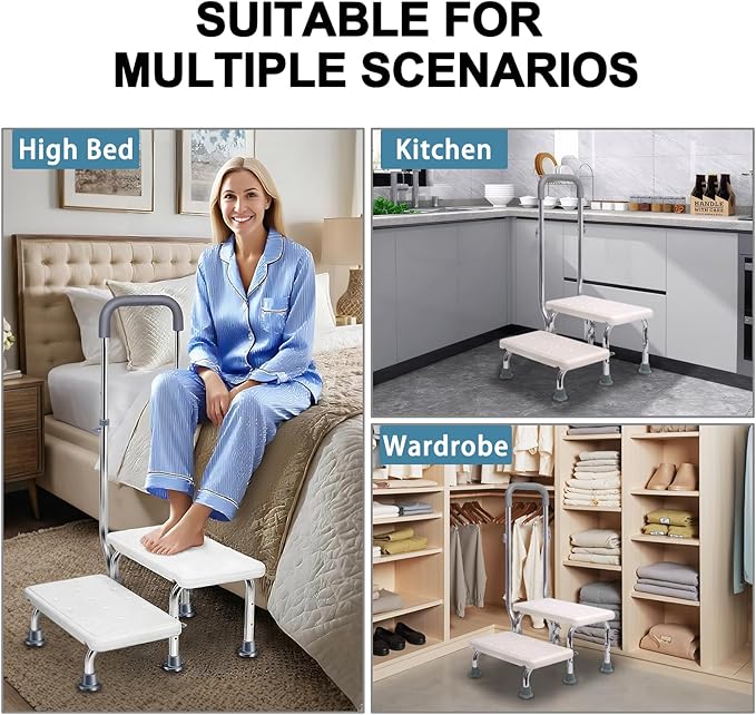 2 Step Stool with Handle for Elderly, Non-Slip Bedside Steps with Adjustable Handrail (450 lbs Capacity)