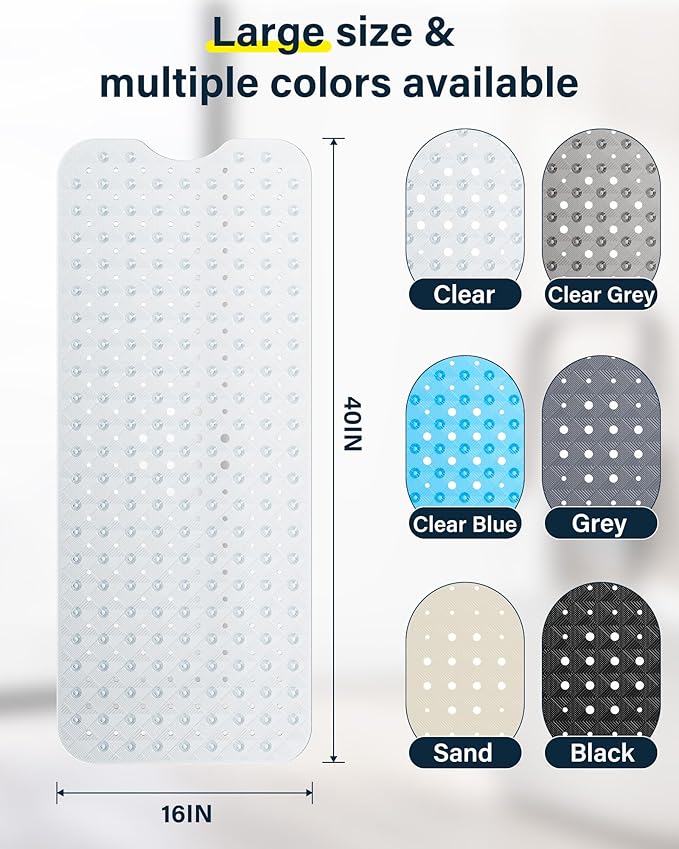 Non Slip Bathtub Mat for Tub & Shower, Machine Washable 40"x16" Anti Slip Bath Mat with 2 Hooks, Soft & Comfortable and Extra Large for Families, Clear