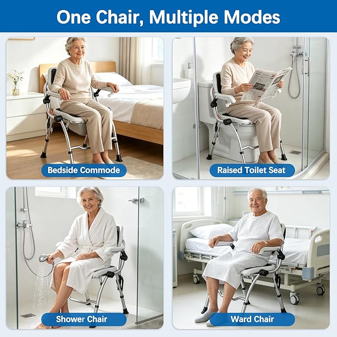 3 in 1 Folding Bedside Commode Chair,No-Assembly Foldable Shower Chair for Inside Shower with Arms and Back,Portable Toilet for Adults Elderly,Adjustable Height Raised Toilet Seat with Handles