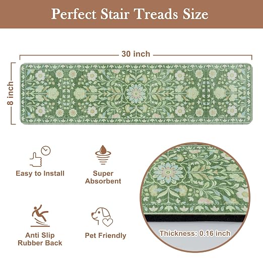 OJIA Stair Treads Non Slip Stair Runners for Wooden Steps 15PCS 8"x30" | Floral Carpet Stair Treads for Wood Stairs Indoor Staircase Step Treads for Kids & Dogs, Rubber Backing Stair Covers, Green
