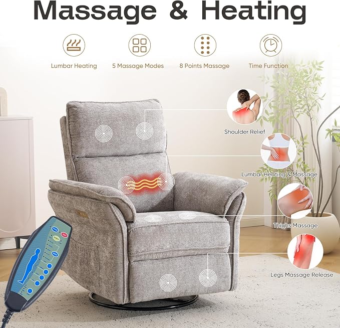 Power Nursery Recliner with Auto Rocking,Oversized Swivel Rocker Recliner with Massage and Heat,Glider Recliner Nursery Chair with Adjustable Headrest for Living Room and Bedroom,Light Grey