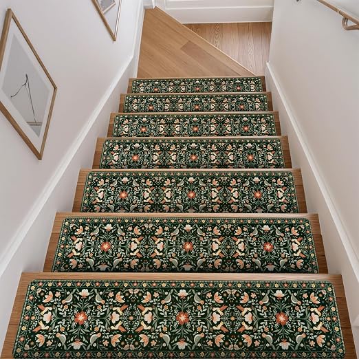 OJIA Floral Stair Treads Non-Slip Stair Runner for Wooden Steps 15PC 30"x8" | Indoor Carpet Stair Treads Stair Mats Staircase Step Treads for Kids, Elders and Dogs, Stair Covers, Black