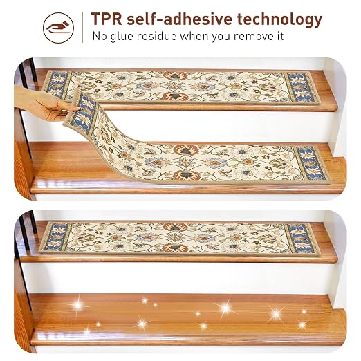 Non Slip Stair Treads for Wooden Steps, 30in x 8in Indoor Staircase Step Treads for Dogs, Reusable Stair Carpet Runner with TPR Adhesive, Oriental Design