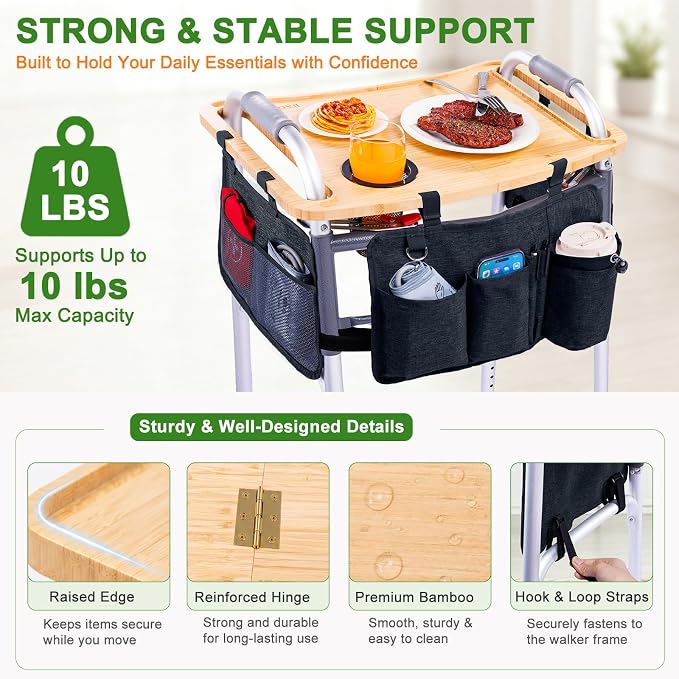 Walker Tray Table with Pockets & Cup Holder for Folding Walkers, Foldable Bamboo Walker Tray for Seniors, Stable Walker Accessories with Raised Edges for Meals, Drinks, Reading &Daily Living